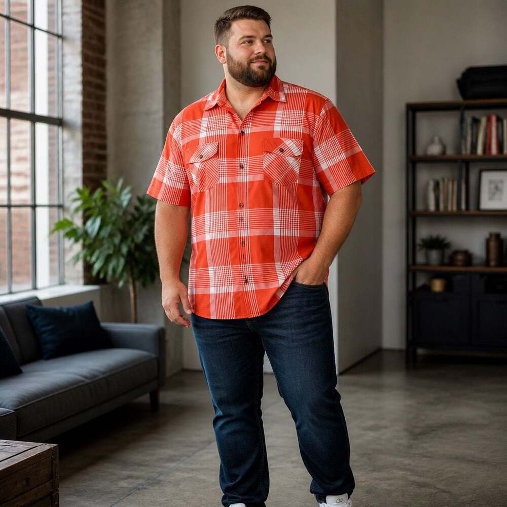 Ablanche New York Men's Short Sleeve Button Down Plaid Casual Shirt, Orange, 6XL